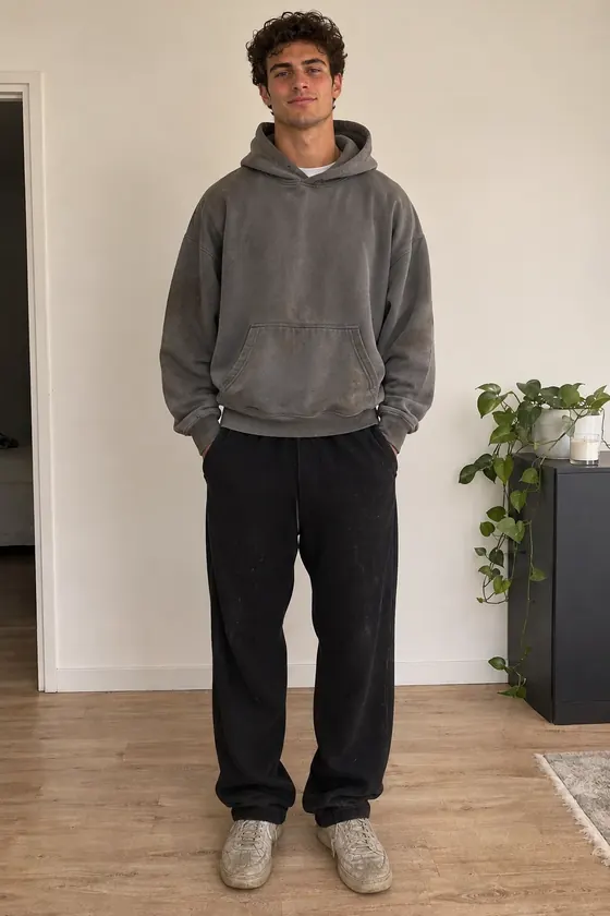 Exemple : photo de départ, jeune homme en sweat gris et pantalon noir
