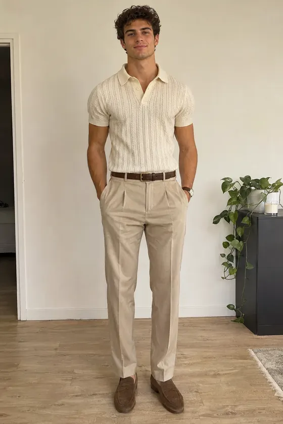 Exemple : le même jeune homme en look old money : polo crème et pantalon beige