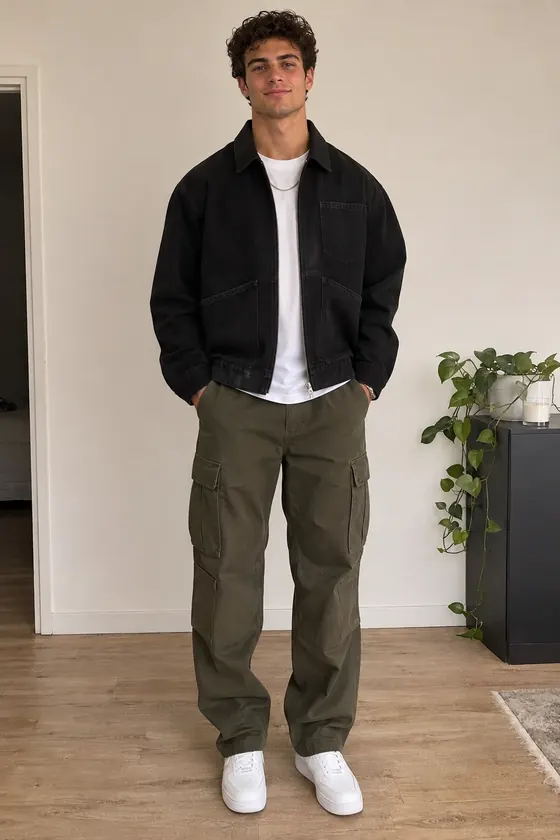 Exemple : le même jeune homme en streetwear : veste noire et pantalon cargo