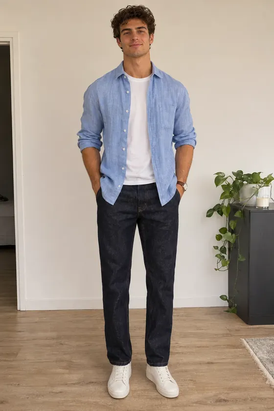 Exemple : le même jeune homme en casual : chemise bleue et jean brut